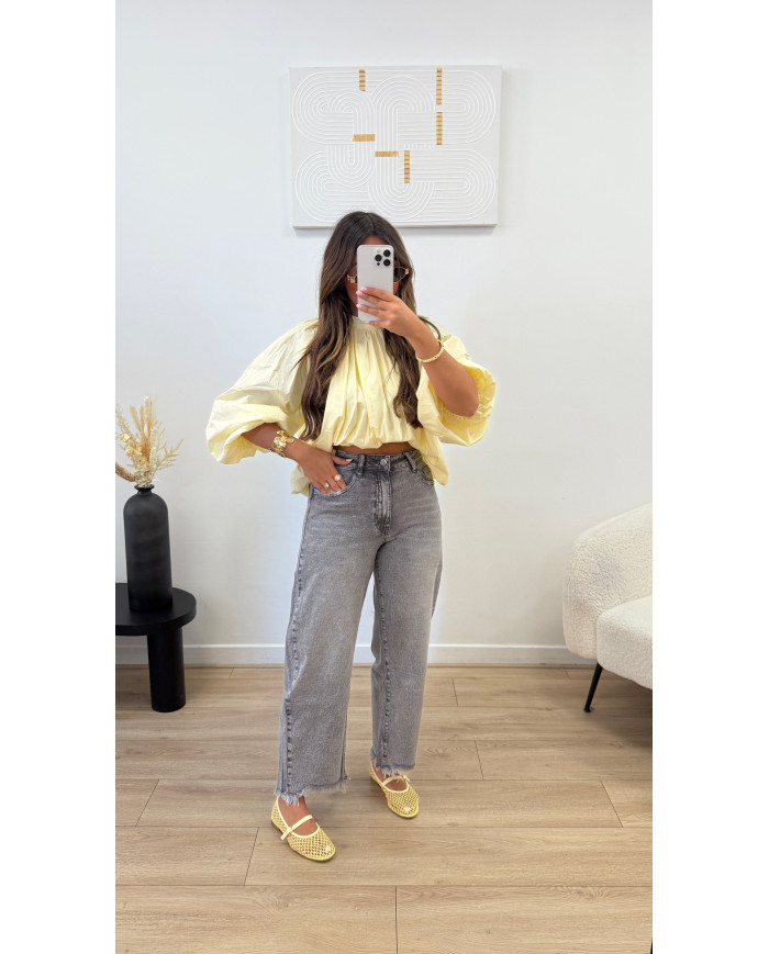 Jean mom effiloché Gris