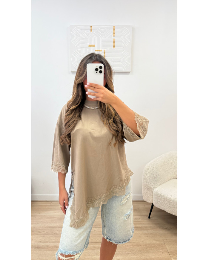 T-shirt new dentelle taupe