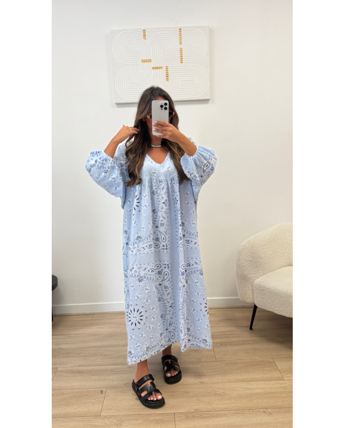 Robe gaz de coton bandana bleu ciel ( précommande )