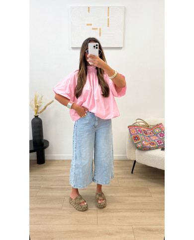 Chemise manches courte dos ouvert uni Rose