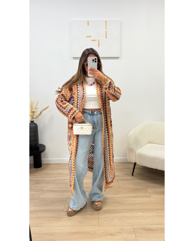 Gilet long crochet multi terracota