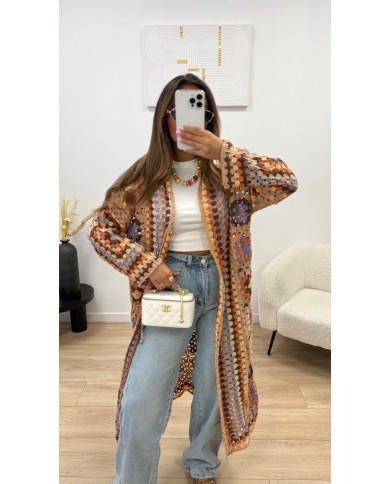 Gilet long crochet multi terracota