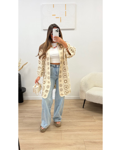 Gilet rond long crochet taupe