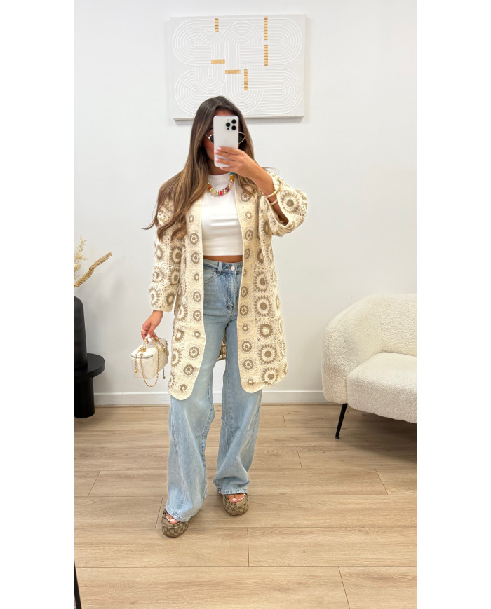 Gilet rond long crochet taupe