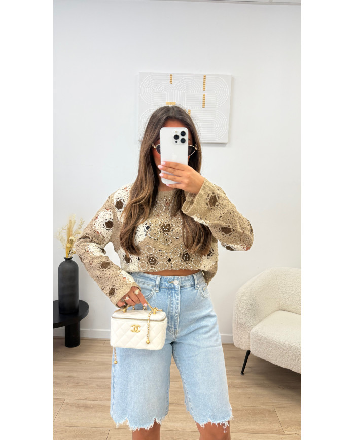 Haut crochet taupe perles