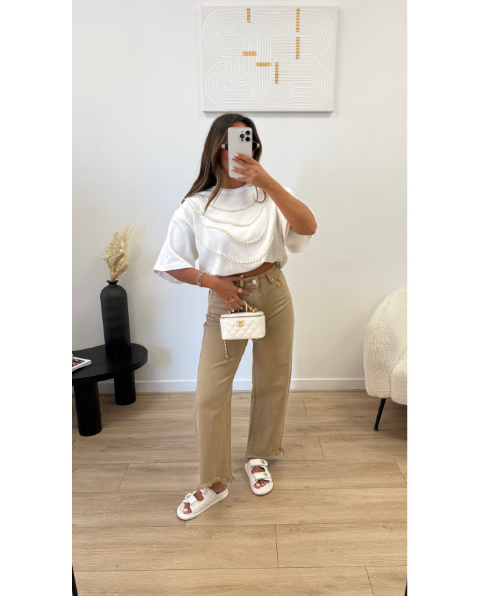 Jean mom effiloché Camel