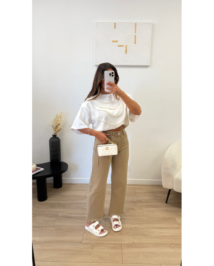 Jean mom effiloché Camel