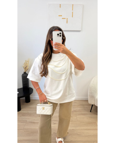 T-shirt Épaulette Perles blanc