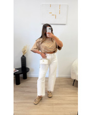 Chemise manches courtes broderie beige & Choco