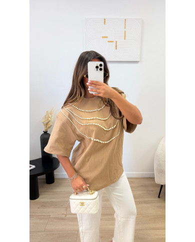 T-shirt épaulette perles Taupe