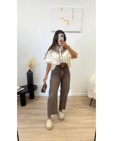 Chemise manches courtes broderie beige & Choco