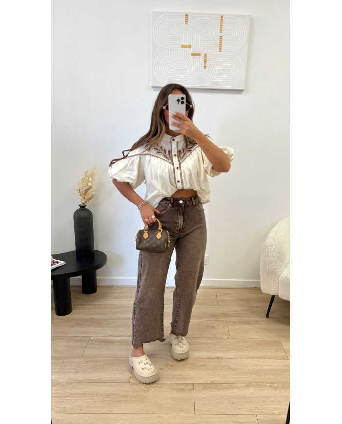 Chemise manches courtes broderie beige & Choco