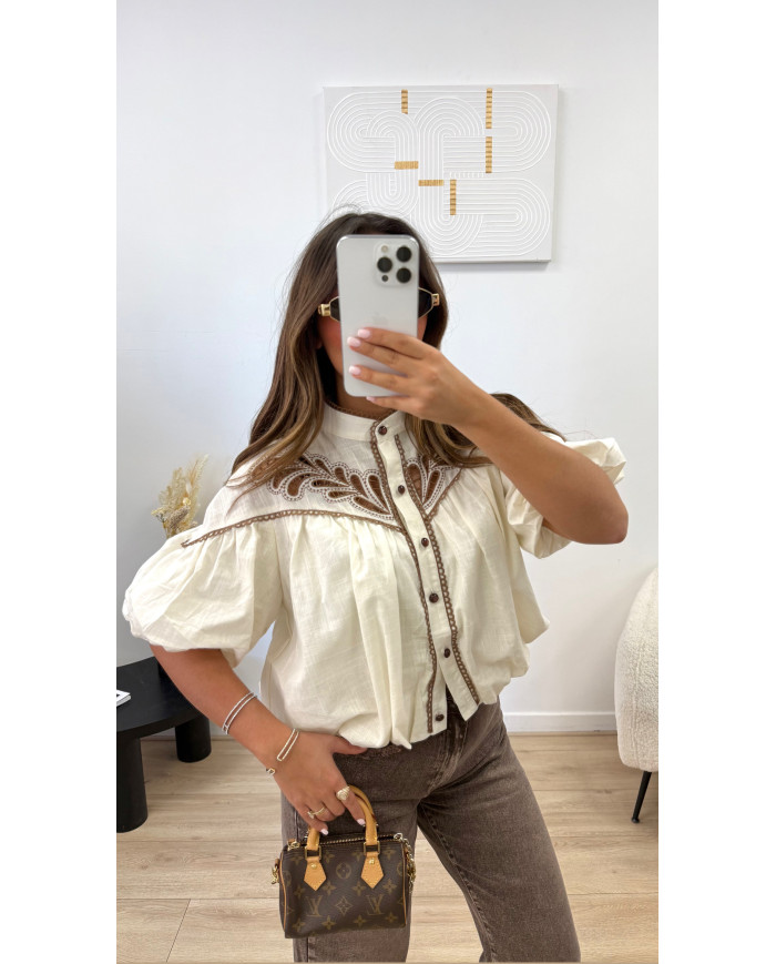 Chemise manches courtes broderie beige & Choco