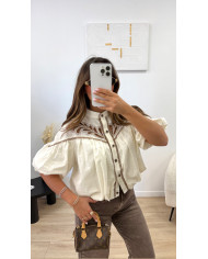 Chemise manches courtes broderie beige & Choco