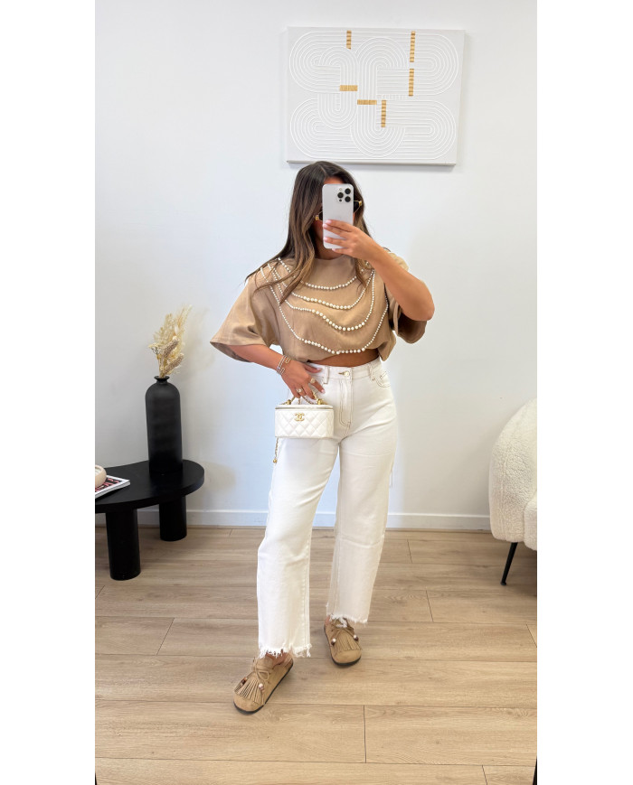 Jean mom effiloché Blanc