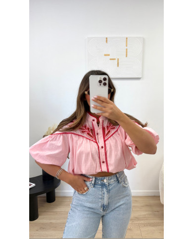 Chemise manches courtes broderie rose & rouge