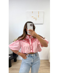 Chemise manches courtes broderie rose & rouge
