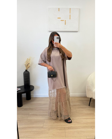 Robe t-shirt dentelle taupe
