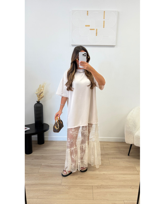 Robe t-shirt dentelle beige