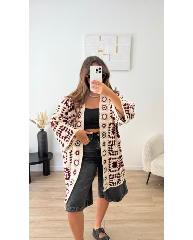 Gilet long crochet bordeaux