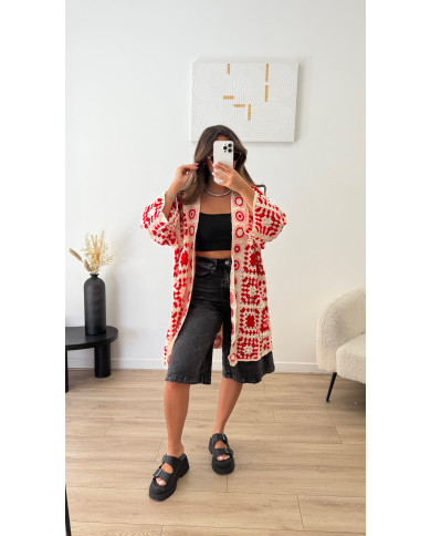 Gilet long crochet Rouge