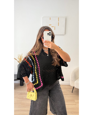 Pull crochet noir & multicolore