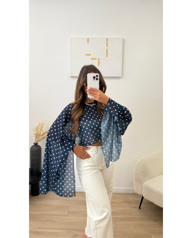 Cape tulle Pois bleu marine