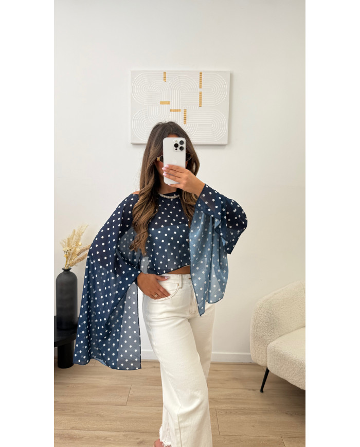 Cape tulle Pois bleu marine
