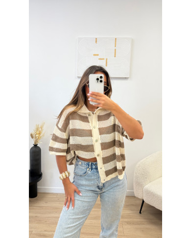 Gilet crochet taupe & beige
