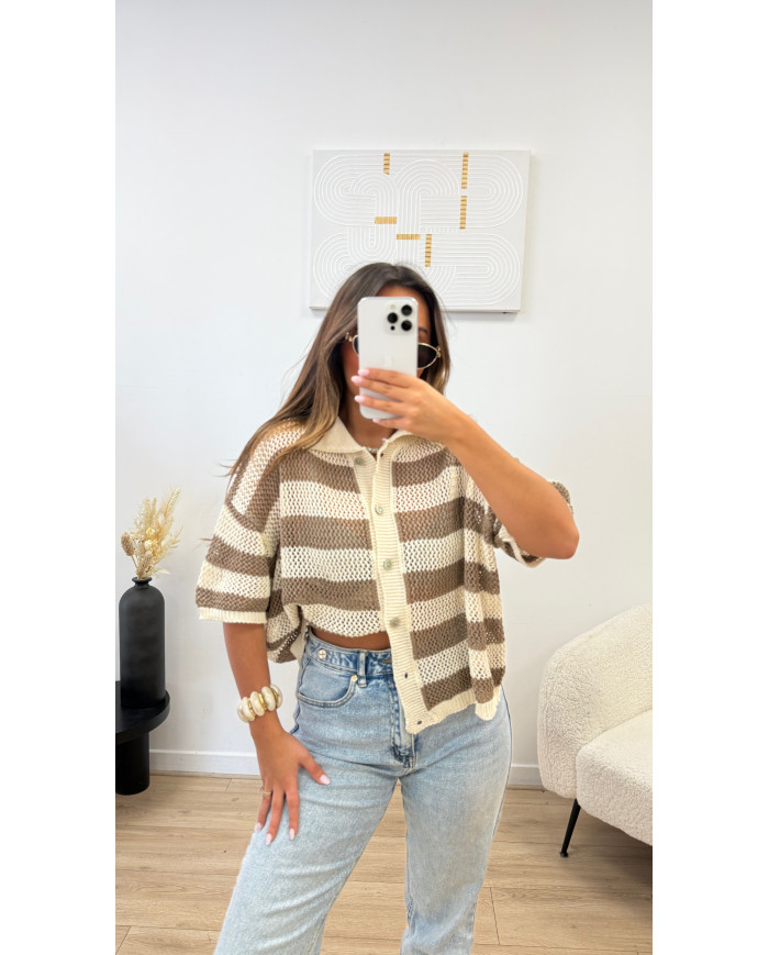 Gilet crochet taupe & beige
