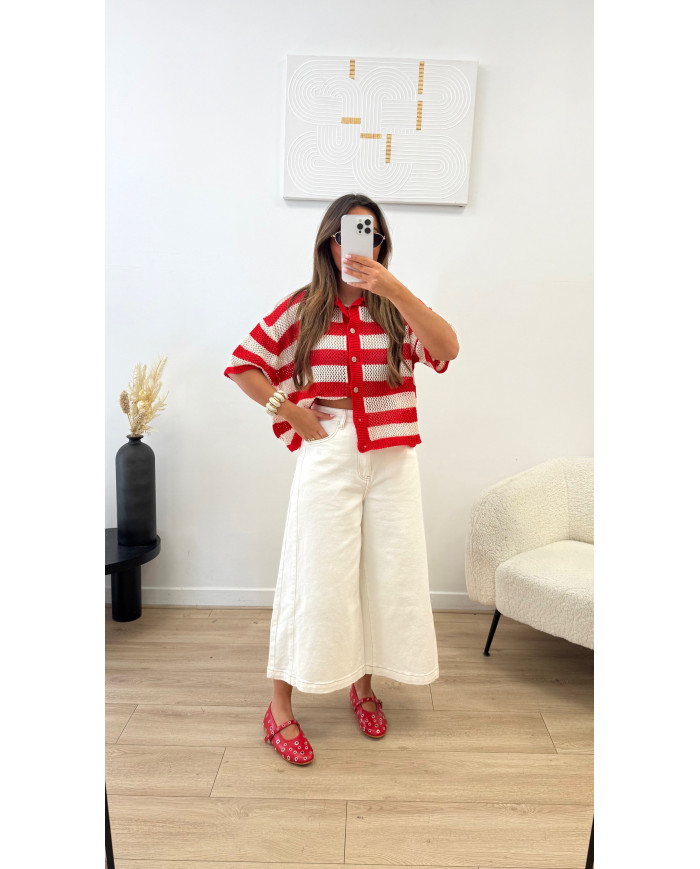 Gilet crochet rouge & beige