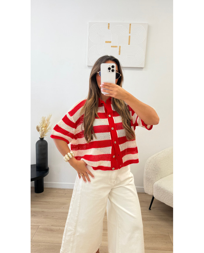 Gilet crochet rouge & beige