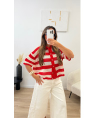 Gilet crochet rouge & beige