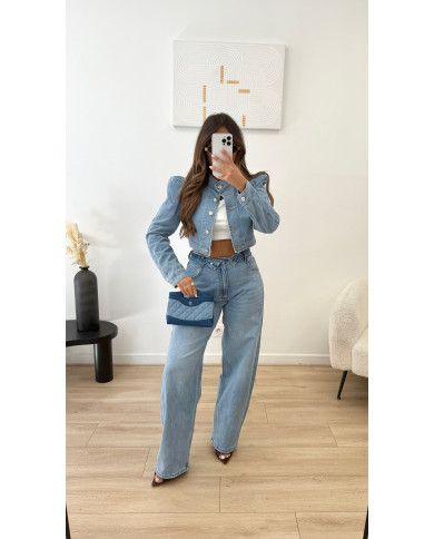 Veste jean Crop épaules jean clair