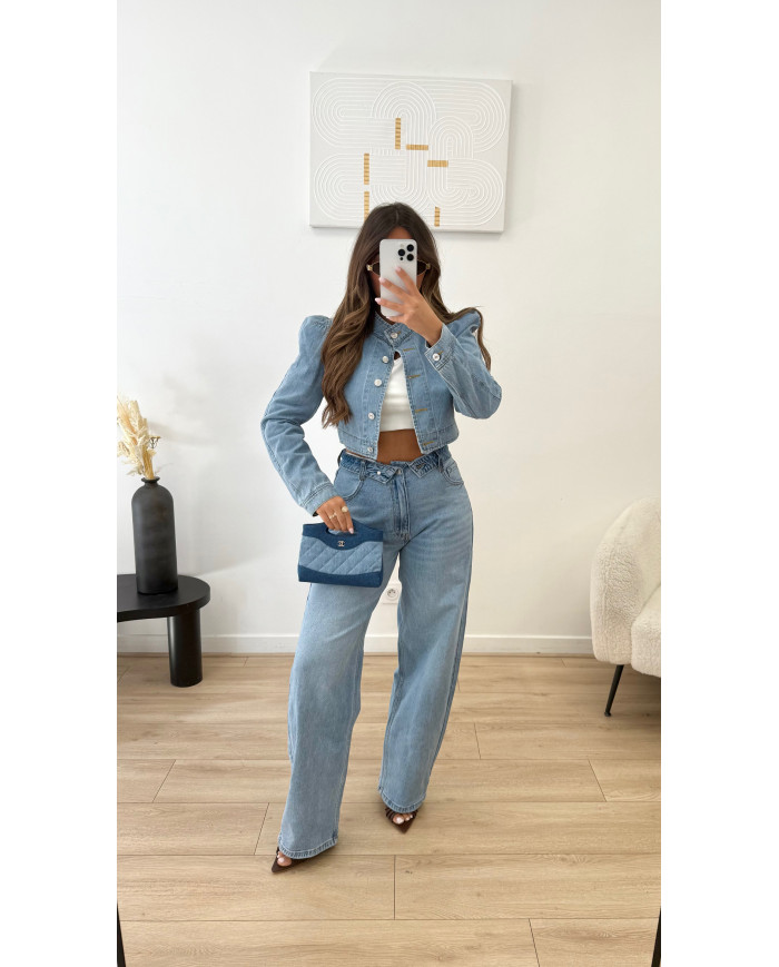 Veste jean Crop épaules jean clair