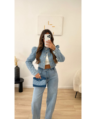 Veste jean Crop épaules jean clair