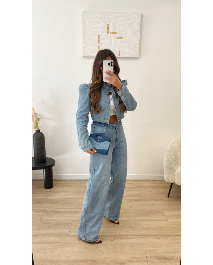 Veste jean Crop épaules jean clair