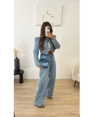 Veste jean Crop épaules jean clair