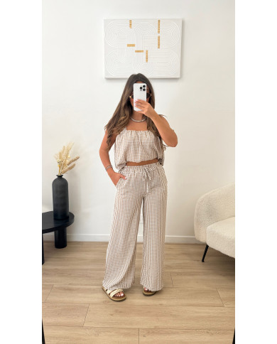 Ensemble débardeur carreaux Vichy taupe