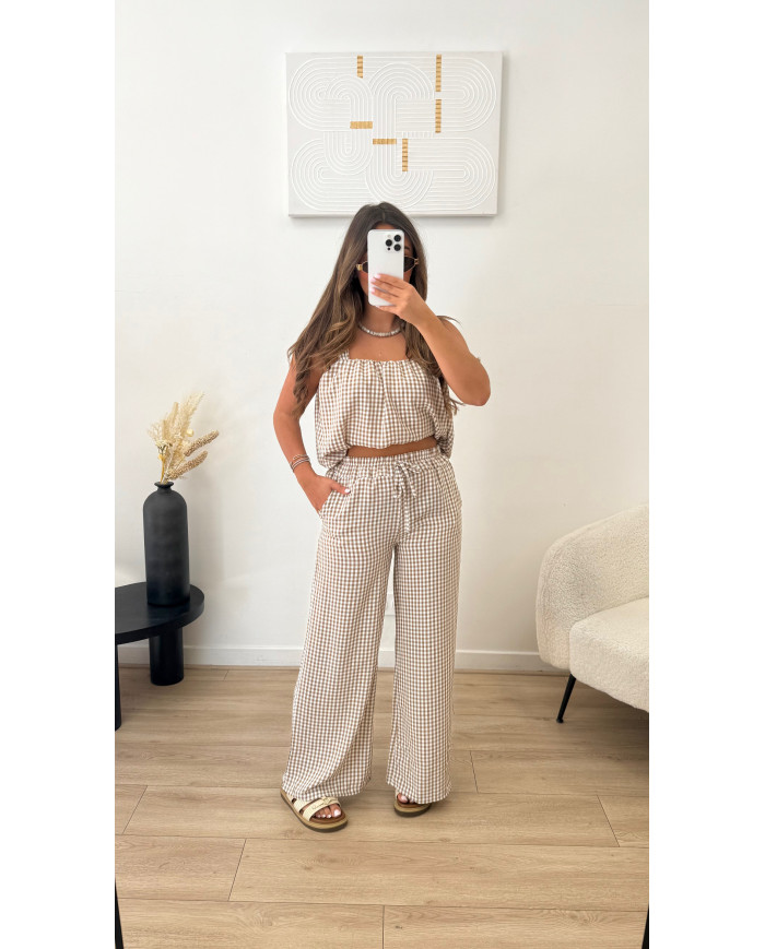 Ensemble débardeur carreaux Vichy taupe