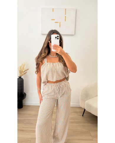 Ensemble débardeur carreaux Vichy taupe