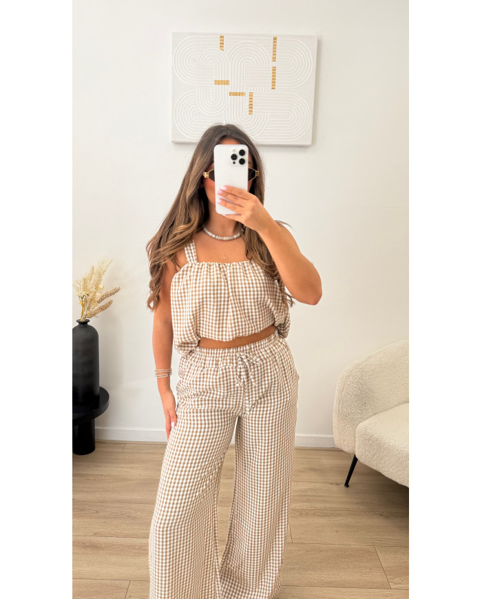 Ensemble débardeur carreaux Vichy taupe