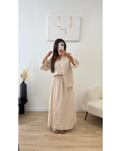 Ensemble jupe longue  broderie beige