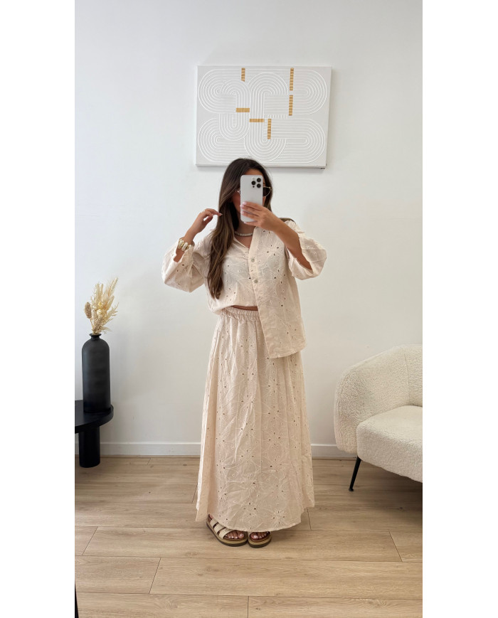 Ensemble jupe longue  broderie beige