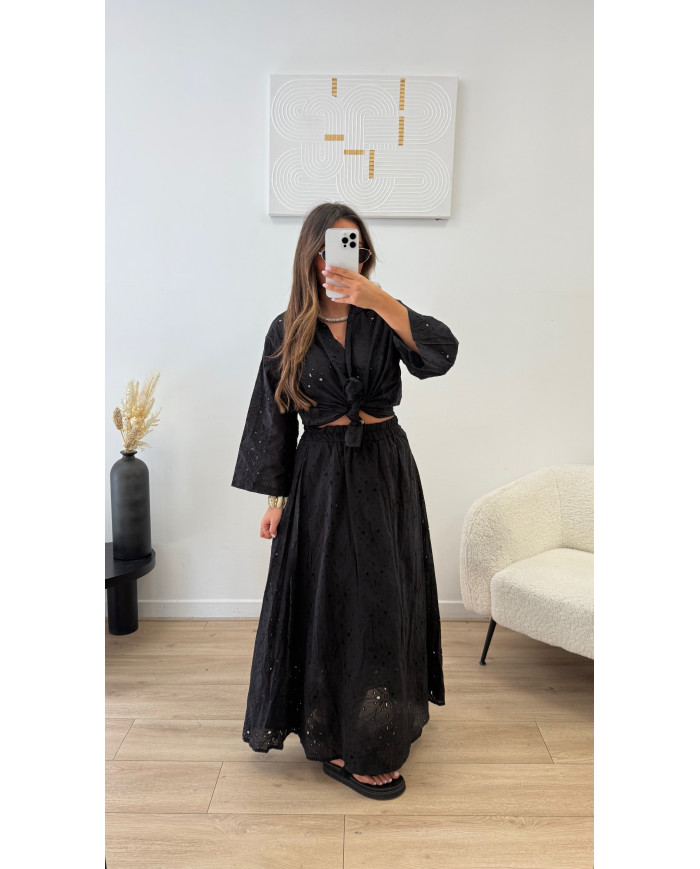 Ensemble jupe longue broderie noir