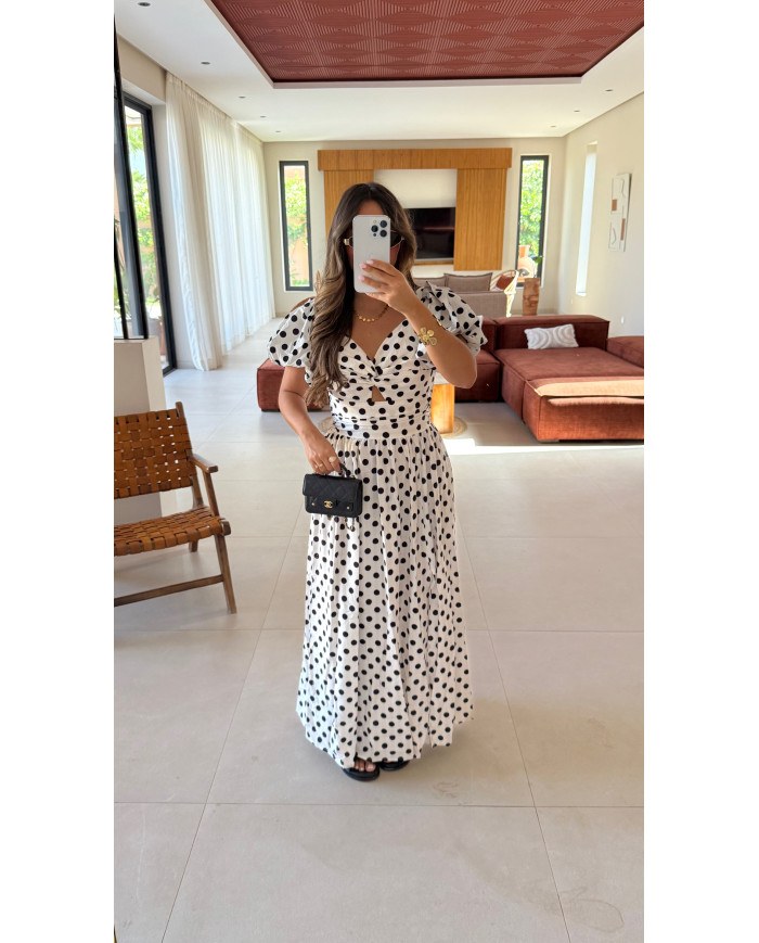 Robe Longue blanche à pois noir