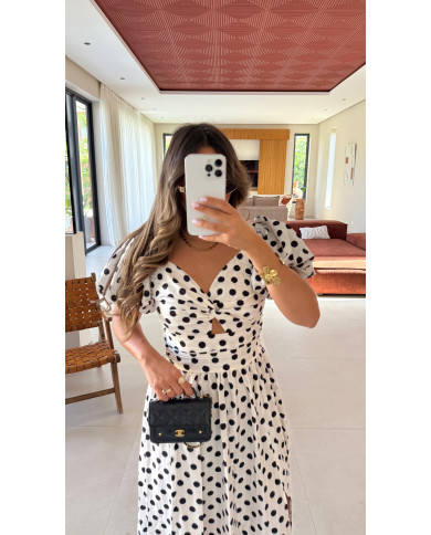 Robe Longue blanche à pois noir