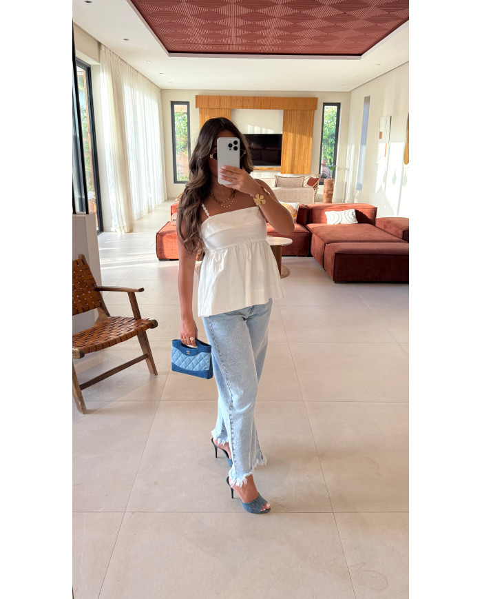 Jean Mom effiloché Bleu clair