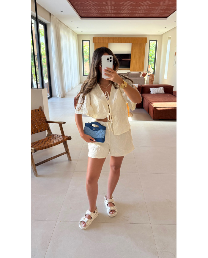 Ensemble short 2 noeud dentelle beige