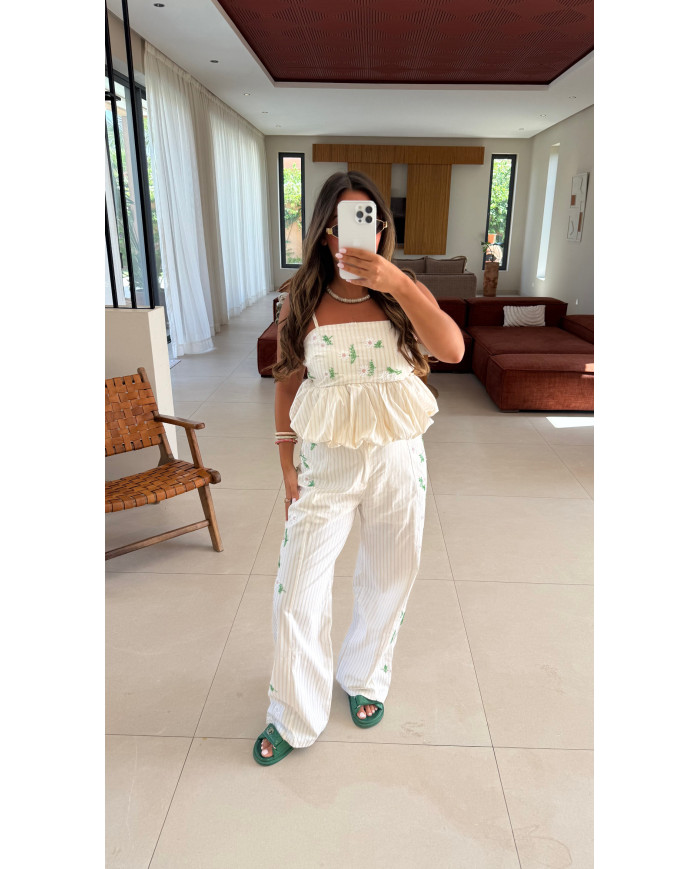 Ensemble pantalon rayé beige bijoux vert